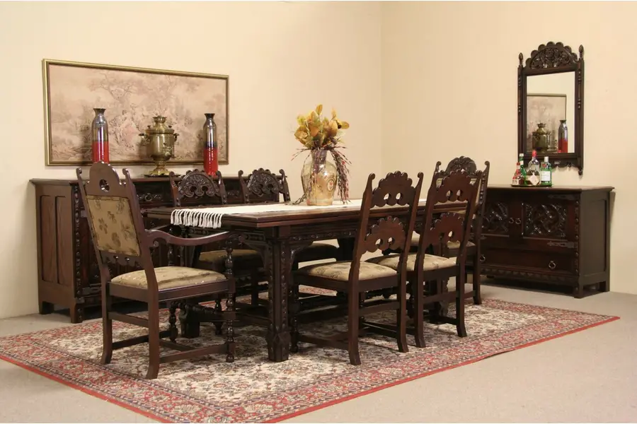 Photo of English Tudor 1925 Carved Oak Dining Set, Table & 6 Chairs, Sideboard, Huntboard