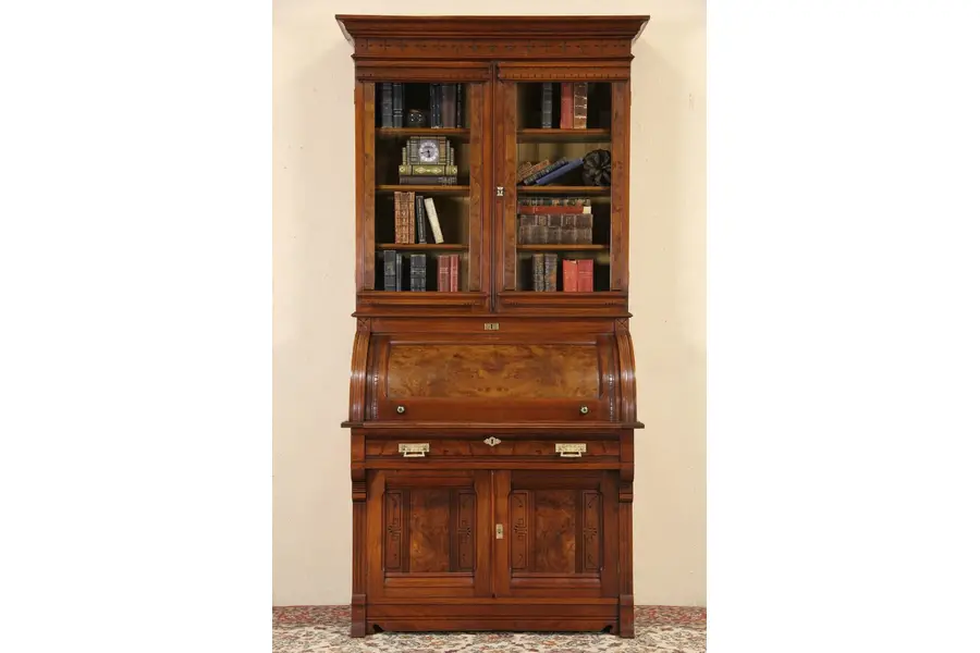 Photo of Victorian Eastlake 1870 Cylinder Roll Top Secretary Desk, Bookcase Top