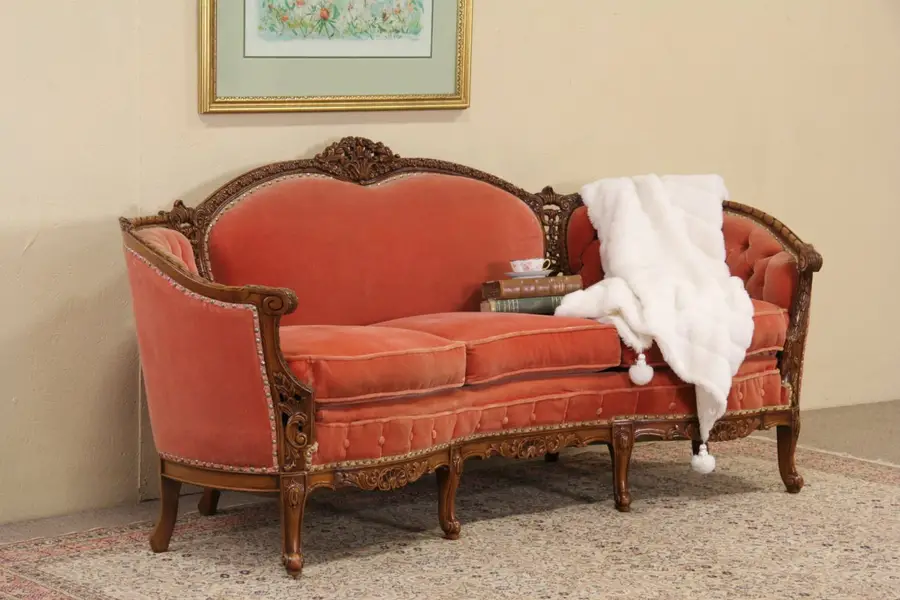 Photo of Carved & Tufted Mohair 1940's Vintage Sofa