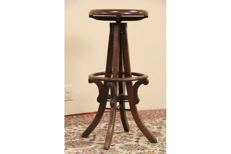 Photo of Arts & Crafts 1900 Antique Oak Adjustable Swivel Stool, Footrest Ring