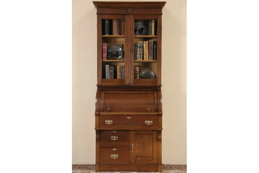 Photo of Victorian Eastlake 1885 Antique Oak Cylinder Roll Top Secretary Desk & Bookcase