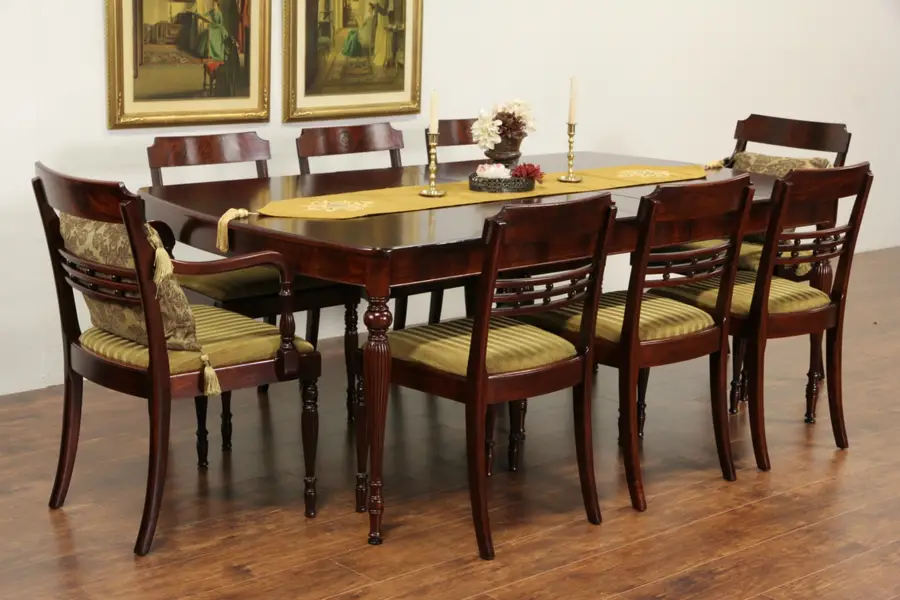 Photo of Sheraton 1930 Vintage Dining Set, Table, 4 Leaves, 8 Chairs, Mahogany, Marquetry