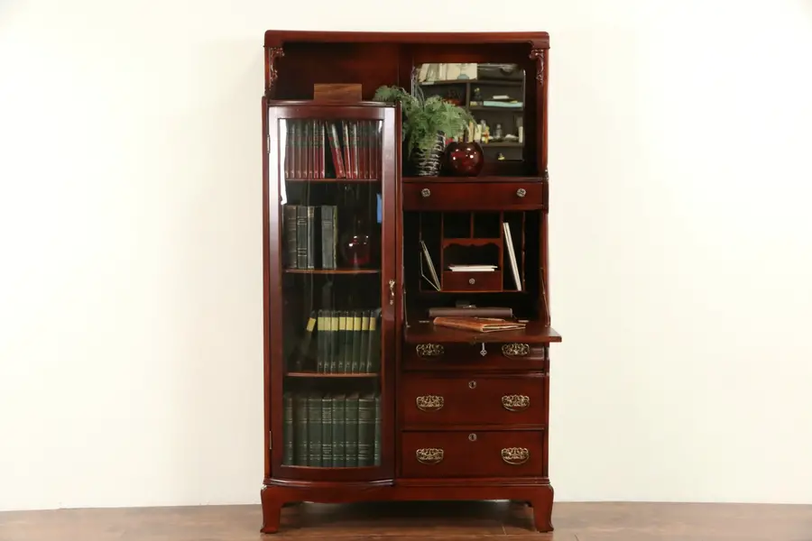 Photo of Secretary Desk & Curved Glass Bookcase, 1900 Antique Side by Side