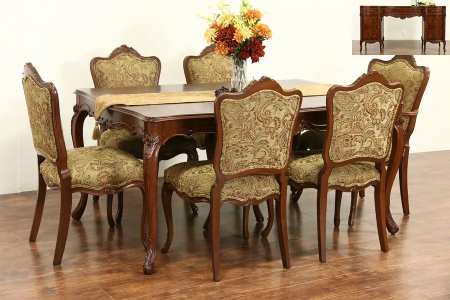Photo of Country French 1940's Vintage Dining Set, Table, Leaves, 6 Chairs New Upholstery