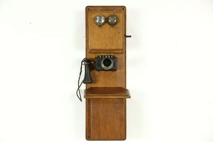 Photo of Oak Antique Crank Large Wall Phone, Stromberg Carlson Telephone Pat. 1896