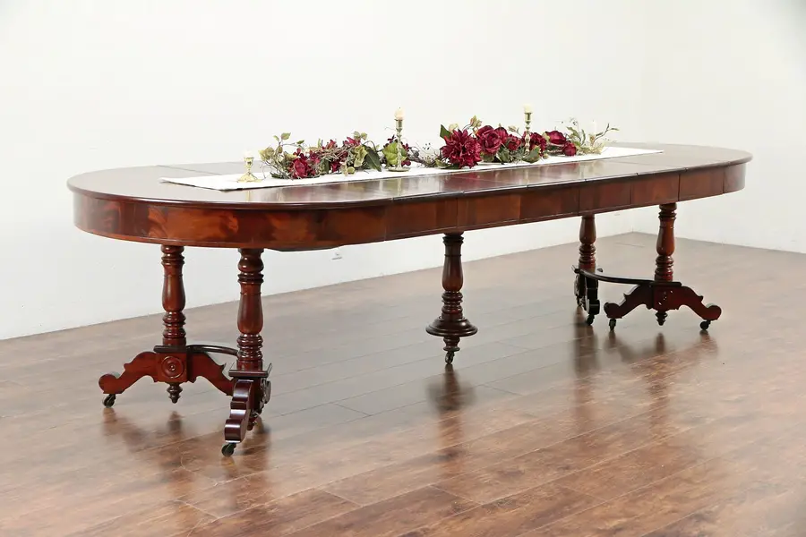 Photo of Victorian Antique Round 48" Mahogany Dining Table, Extends 10'
