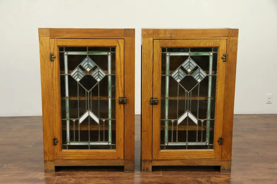 Photo of Pair Oak Antique Architectural Salvage Bookcases, Leaded Stained Glass