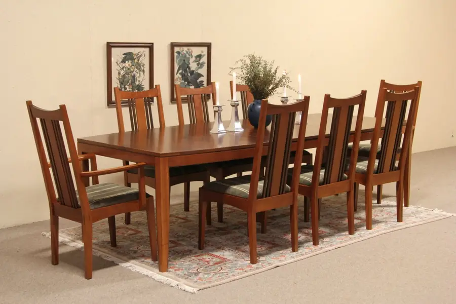 Photo of Stickley Cherry Craftsman Design Dining Set, Table, 2 Leaves, 8 Chairs