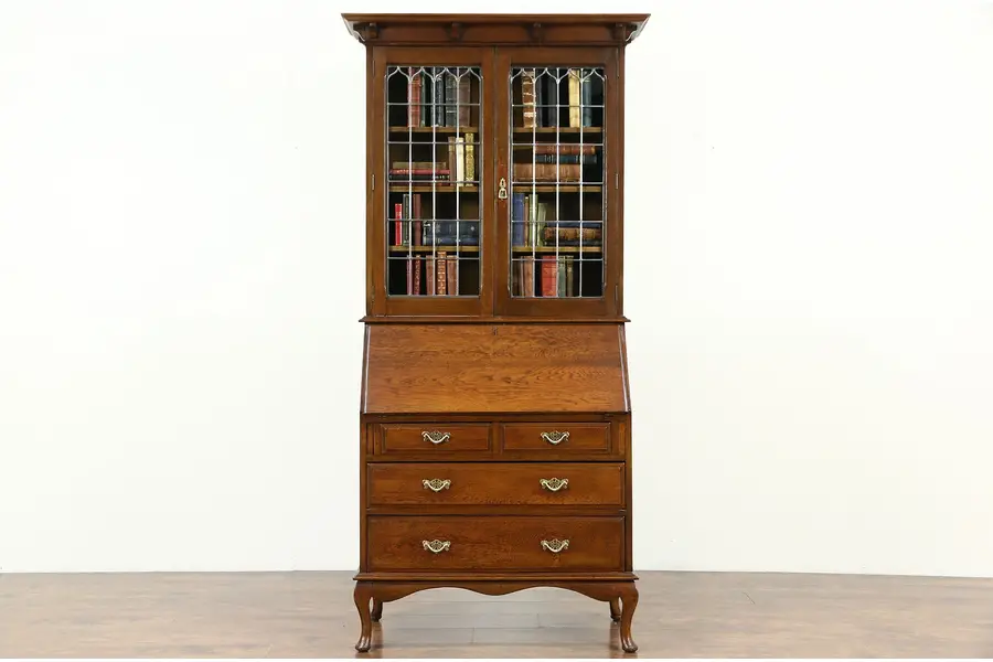 Photo of English Oak Antique 1915 Secretary Desk, Leaded Glass Bookcase Top