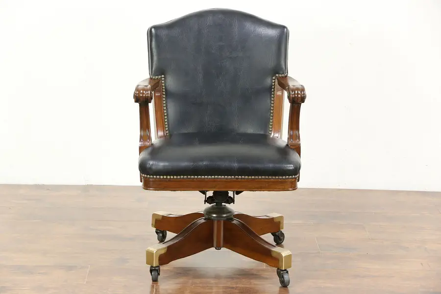 Photo of Walnut Swivel Adjustable 1915 Antique Desk Chair, Faux Leather