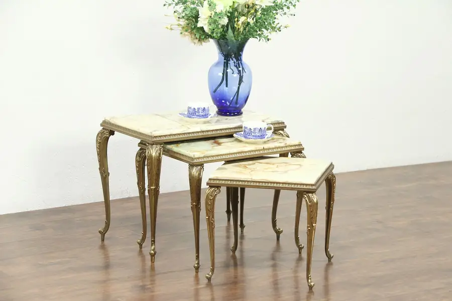 Photo of Set of 3 Vintage Brass Nesting Tables, Onyx Tops, Italy