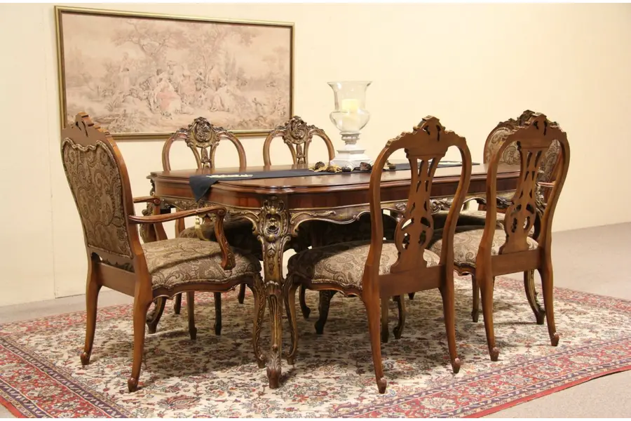 Photo of Carved 1940's Vintage Dining Set, Table & 6 Chairs