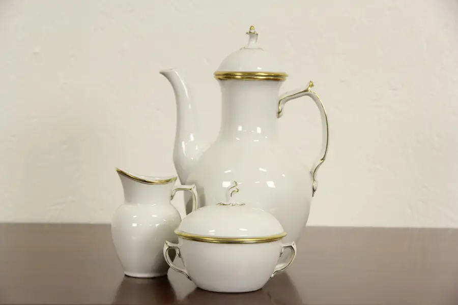 Photo of Royal Copenhagen Denmark Signed Gold China Coffee Set, Creamer & Sugar