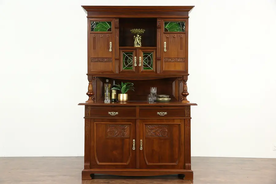 Photo of Austrian 1900 Antique Art Nouveau Sideboard, Server & China Cabinet, Back Bar