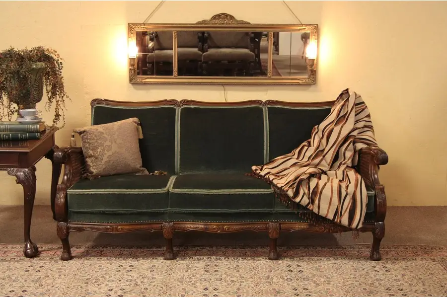 Photo of Carved Antique Mohair 1930's Sofa