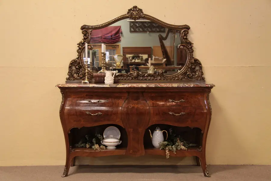 Photo of Bombe Marquetry Sideboard, Marble & Mirror