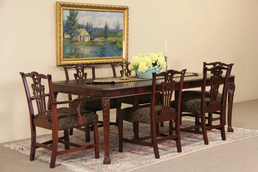 Photo of Georgian Traditional 1940 Vintage Dining Set, Table, 2 Leaves & 6 Chairs