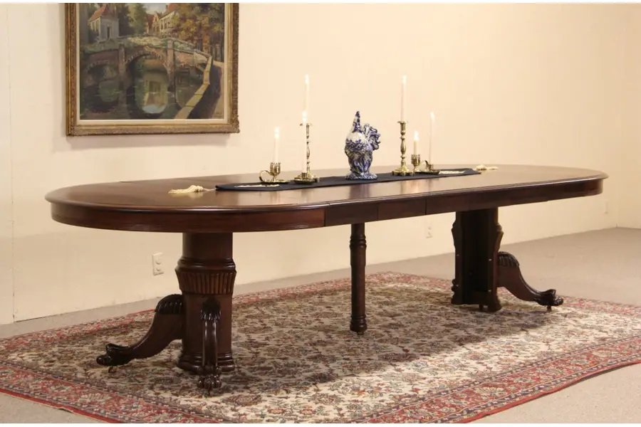 Photo of Round Oak Antique 1900 Dining Table, Lion Paw Pedestal, Extends 10'