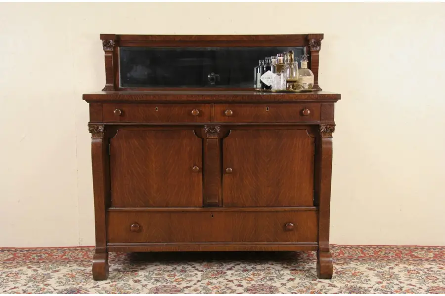 Photo of Oak 1900 Antique Sideboard, Server or Buffet, Beveled Mirror