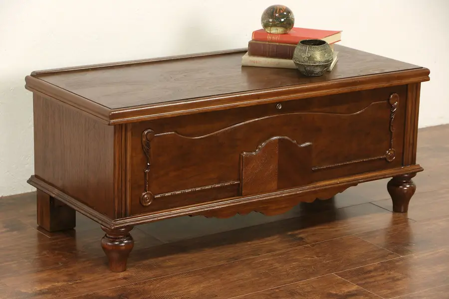 Photo of Cedar Lined 1930's Vintage Tudor Banket Chest, Window Bench or Trunk