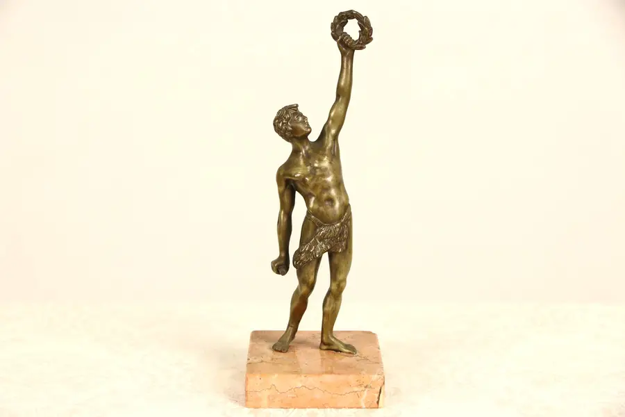 Photo of Bronze Sculpture, Olympic Athlete with Laurel Victory Wreath, Salmon Marble Base