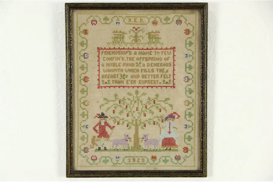 Photo of Sampler, Hand Stitched & Signed Needlework on Linen, Dated 1929