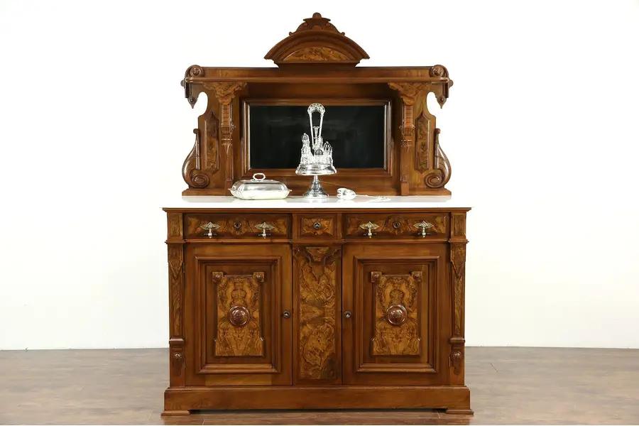 Photo of Victorian Renaissance 1875 Antique Sideboard Buffet Server, Marble Top & Mirror