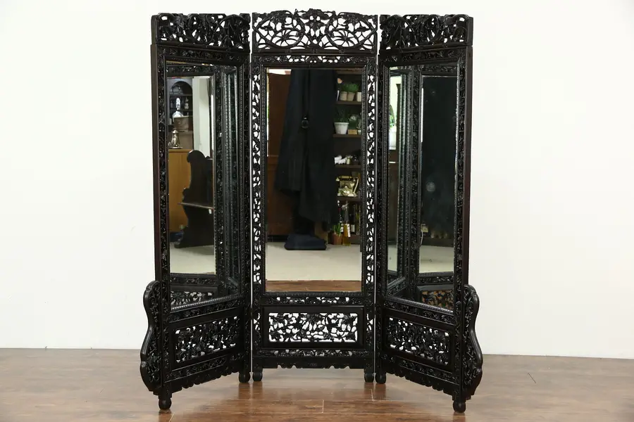 Photo of Triple 1920's Japanese Hand Carved Antique 1920's Dressing Mirror or Screen