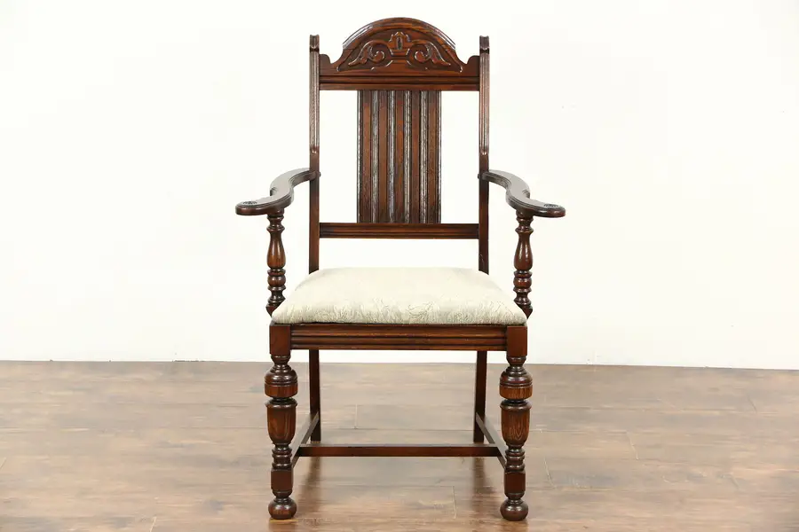 Photo of English Tudor Oak 1920 Antique Desk Chair or Dining Armchair, New Upholstery