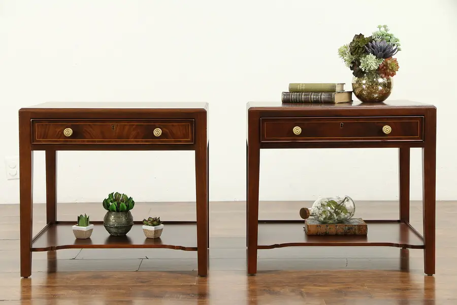 Photo of Pair of Banded Flame Mahogany End Tables or Nightstands, Southampton