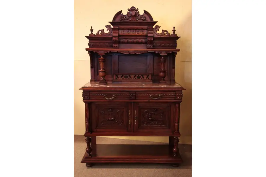 Photo of 1890's Marble Top Server or Sideboard, Carved Oak