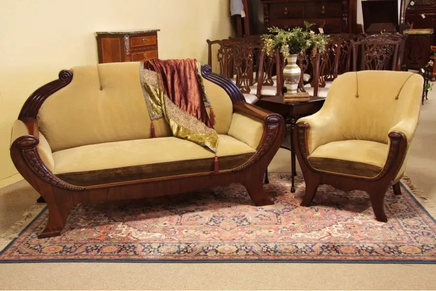 Photo of Art Nouveau Carved Mahogany Sofa and Chair