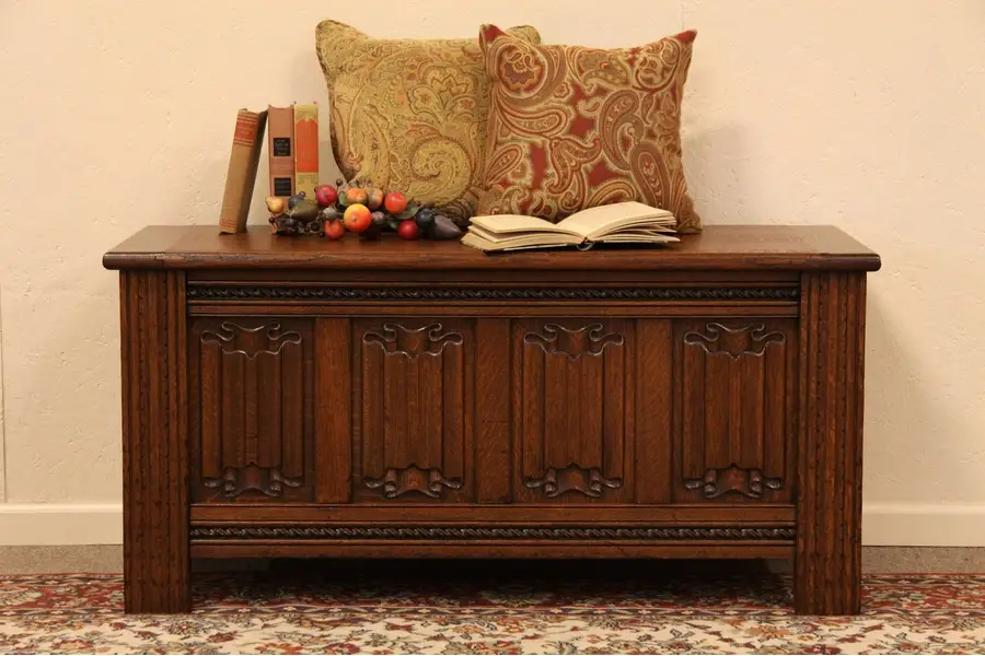 Carved Oak Treasure Chest or Blanket Trunk or Bench