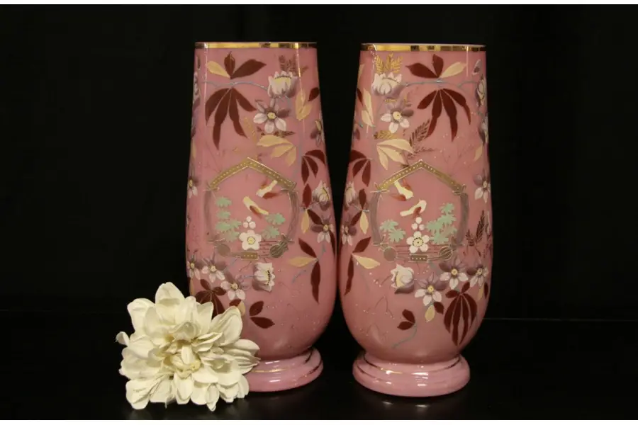 Photo of Pair of Victorian English 1850 Antique Bristol Glass Vases