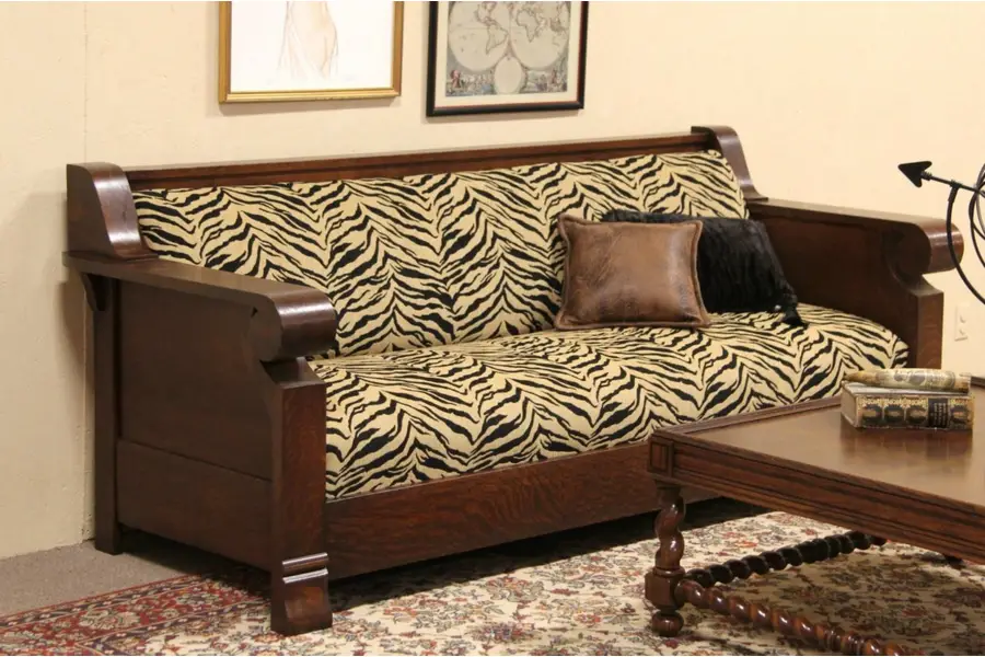 Photo of Oak 1900 Antique Craftsman Sofa or Settee, Newly Upholstered Animal Print