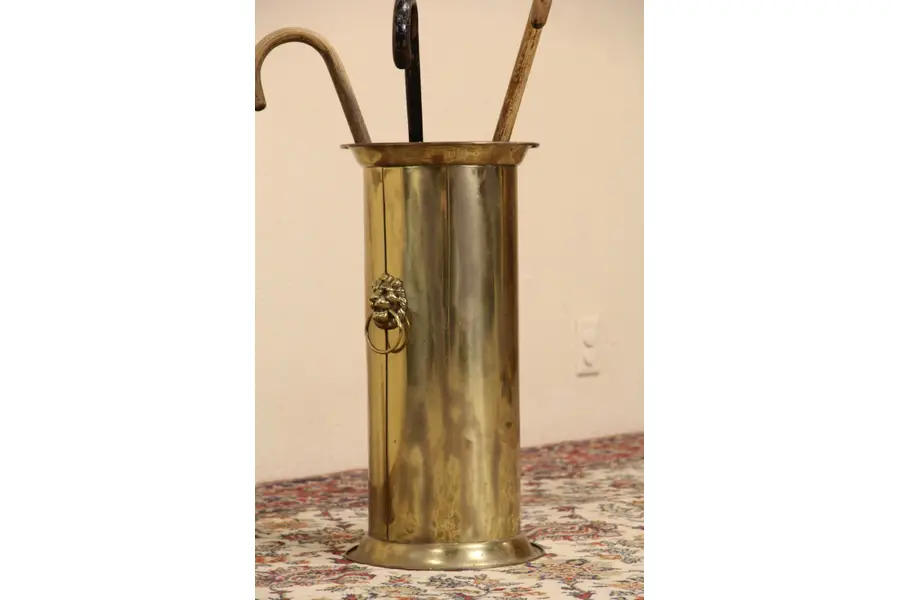 Photo of Victorian 1910 Antique Brass Umbrella Stand Cane Holder, Lion Heads