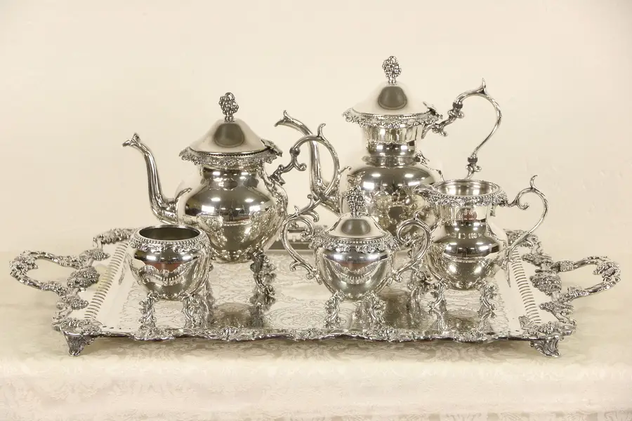Photo of Grapevine Silverplate 1930's Signed 6 Pc. Set, Tea & Coffee Service & Tray