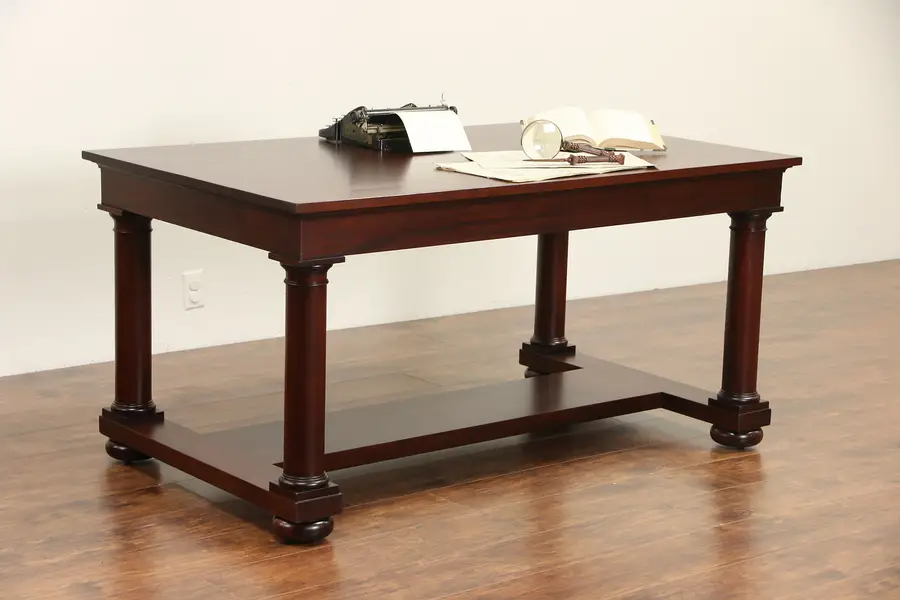 Photo of Classical 1910 Antique Mahogany Partner Desk Library Table, Signed Cowan