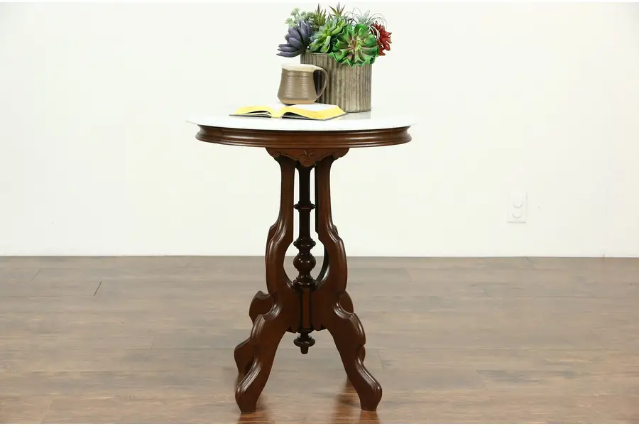 Photo of Victorian 1885 Antique Oval Marble Top Walnut Lamp or Parlor Table