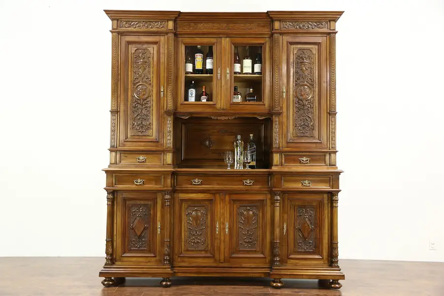 Photo of Sideboard, Antique 1900 Carved Walnut China Cabinet or Backbar, Carved Faces