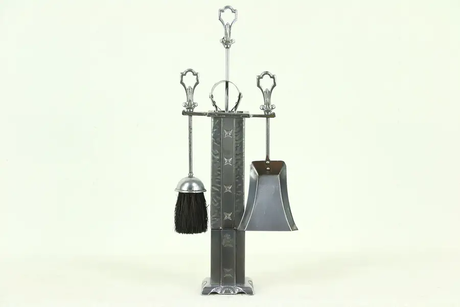 Photo of Art Deco 1930's Vintage Nickel Fireplace Tool Set and Caddy