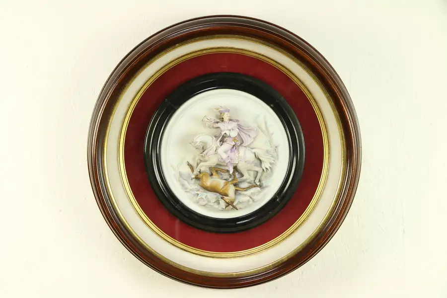 Photo of Victorian Antique Walnut Shadow Box, French Bisque Hunter Sculpture