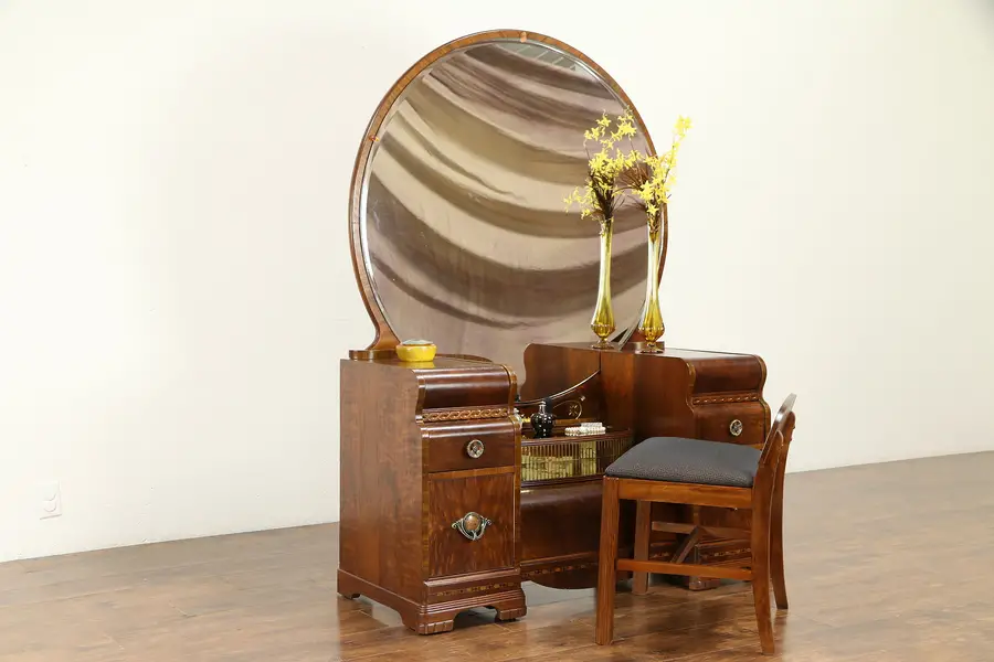 Photo of Art Deco Waterfall Vintage Vanity, Beveled Mirror & Bench, Mosaic Mirror