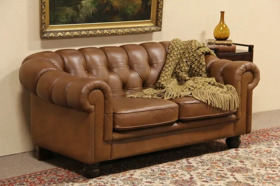 Photo of Tufted Leather Vintage Chesterfield Sofa or Loveseat, 63" Long