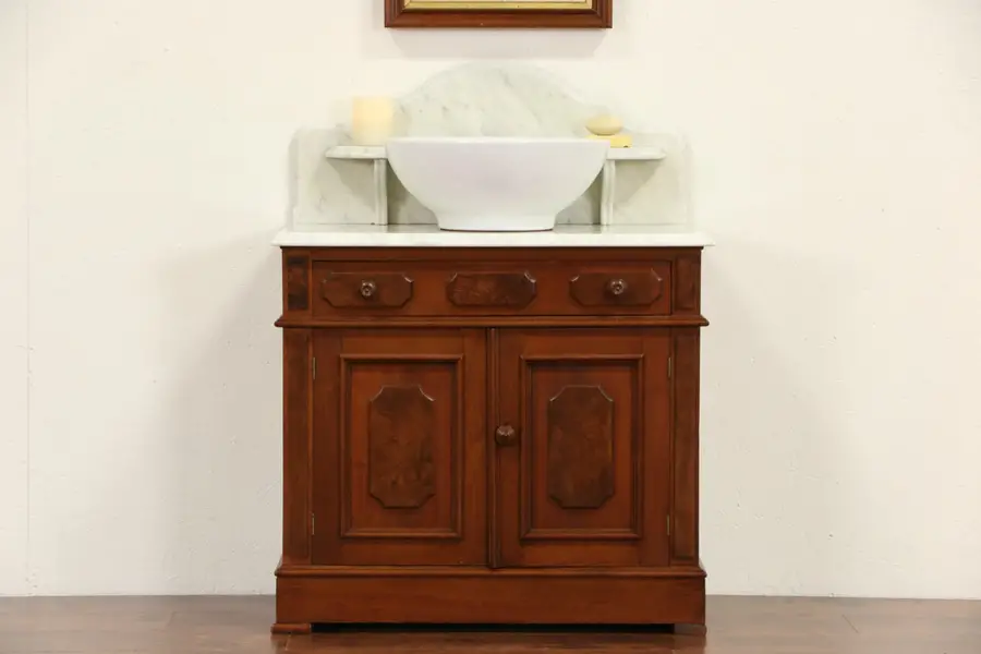 Photo of Victorian 1870's Antique Marble Top Washstand, Bar, Sink Vanity or Small Chest