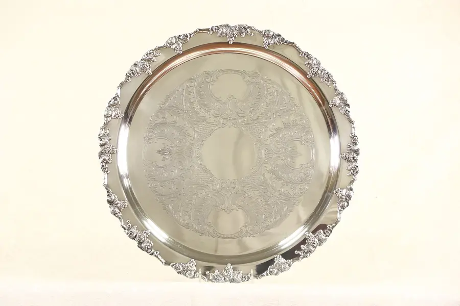 Photo of Wallace Vintage Silverplate Round 19 1/2" Serving Tray, Grapevine Motif