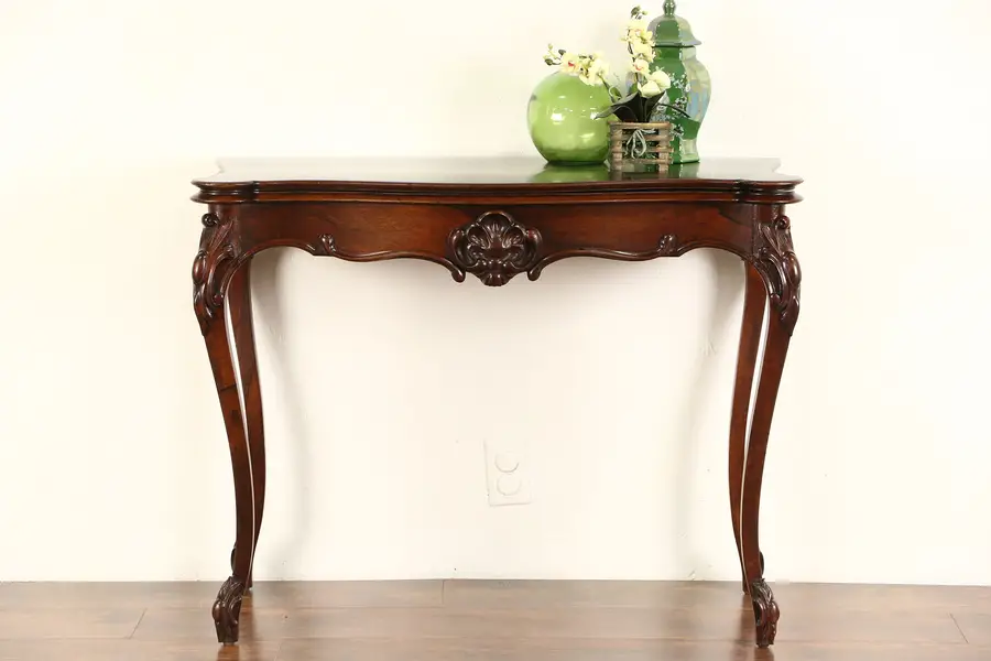 Photo of Rosewood 1870's French Antique Console opens to Game Table, Leather Top