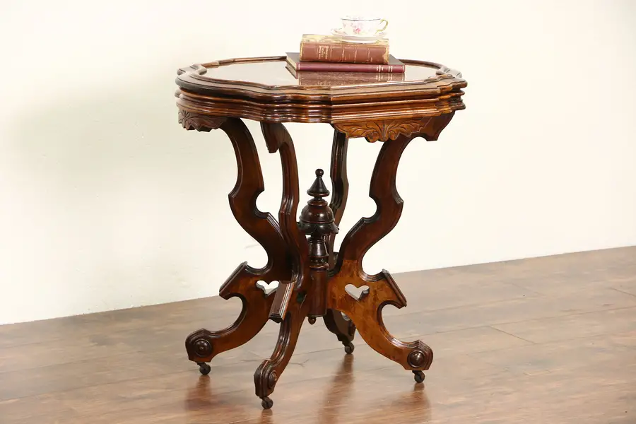 Photo of Victorian 1880's Antique Walnut & Marble Picture Frame Top Lamp Table