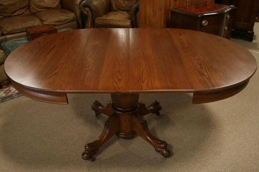 Photo of Round Solid Oak Antique Dining Table, CarvedPedestal