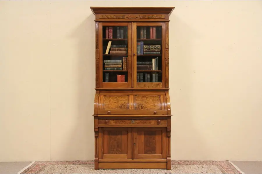 Photo of Eastlake 1885 Antique Walnut Cylinder Roll Top Desk & Bookcase